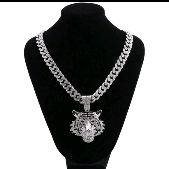 Other - Iced Out Full Rhinestone Jumbo Tiger Head Pendant 3" & Cuban Chain Necklace 20"